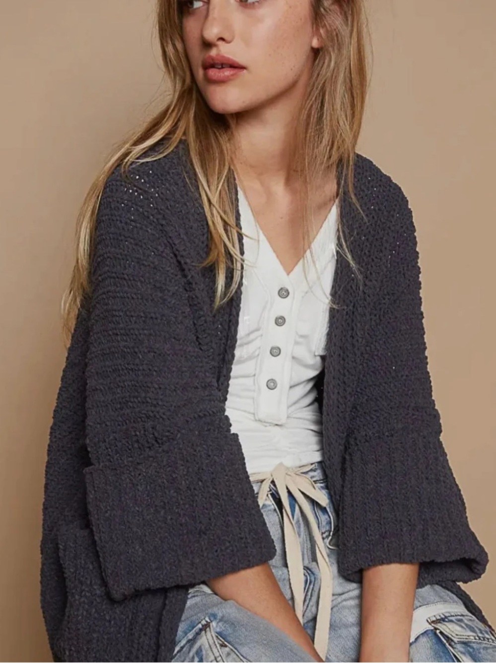 POL Thick Oversized 3/4 Sleeve Cardigan In Charcoal